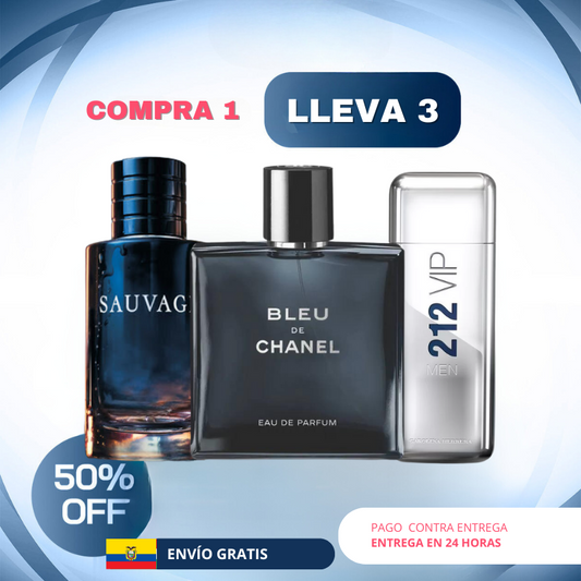 PROMOCIÓN COMPRA 1 Y LLEVA 3 [Bleu Chanel + 212 Vip +  Sauvage] (100ml Cada Uno)